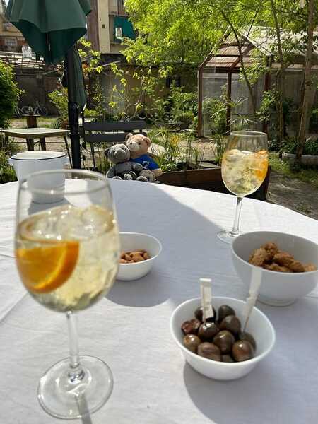 dettaglio di una tavola apparecchiate per l'aperitivo, con due bicchieri e appetizer, sullo sfondo un rigoglioso giardino